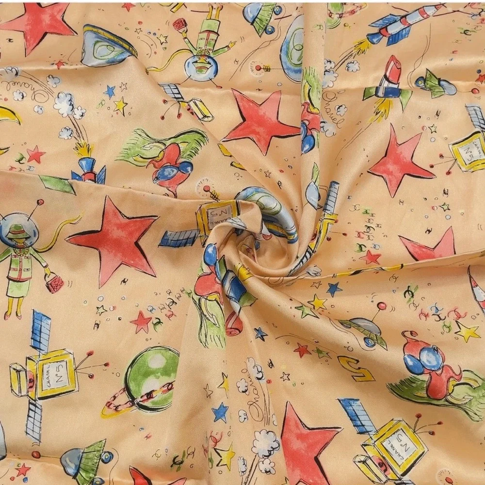 Chanel Pink Whimsical Celestial Stars Moon Planet Silk Scarf
